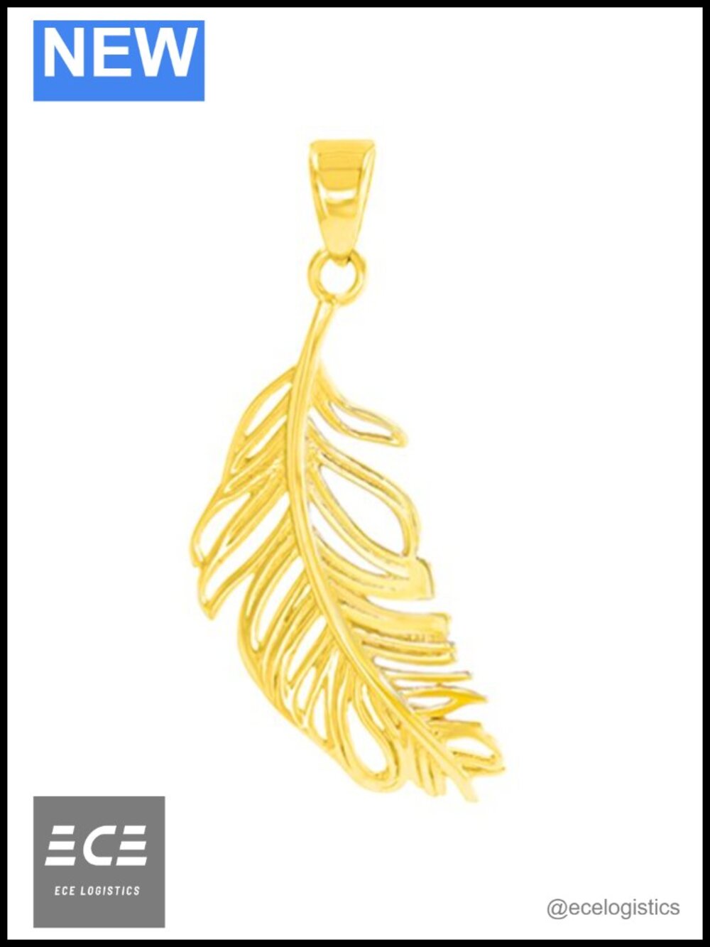 14K Yellow Gold Textured Feather Charm Pendant Necklace